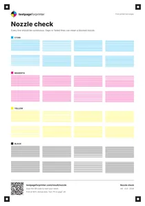 The nozzle check sheet with four black corner squares and line blocks for each ink
