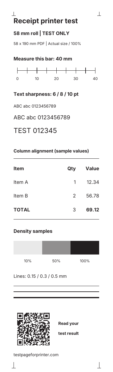 Top of the 58 mm PDF: test heading and 40 mm ruler.