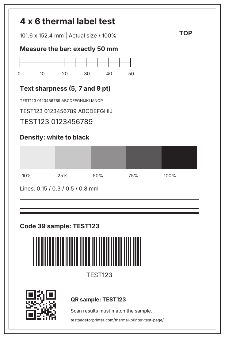 Actual PDF preview: 50 mm ruler, density patches, Code 39 and QR sample codes.